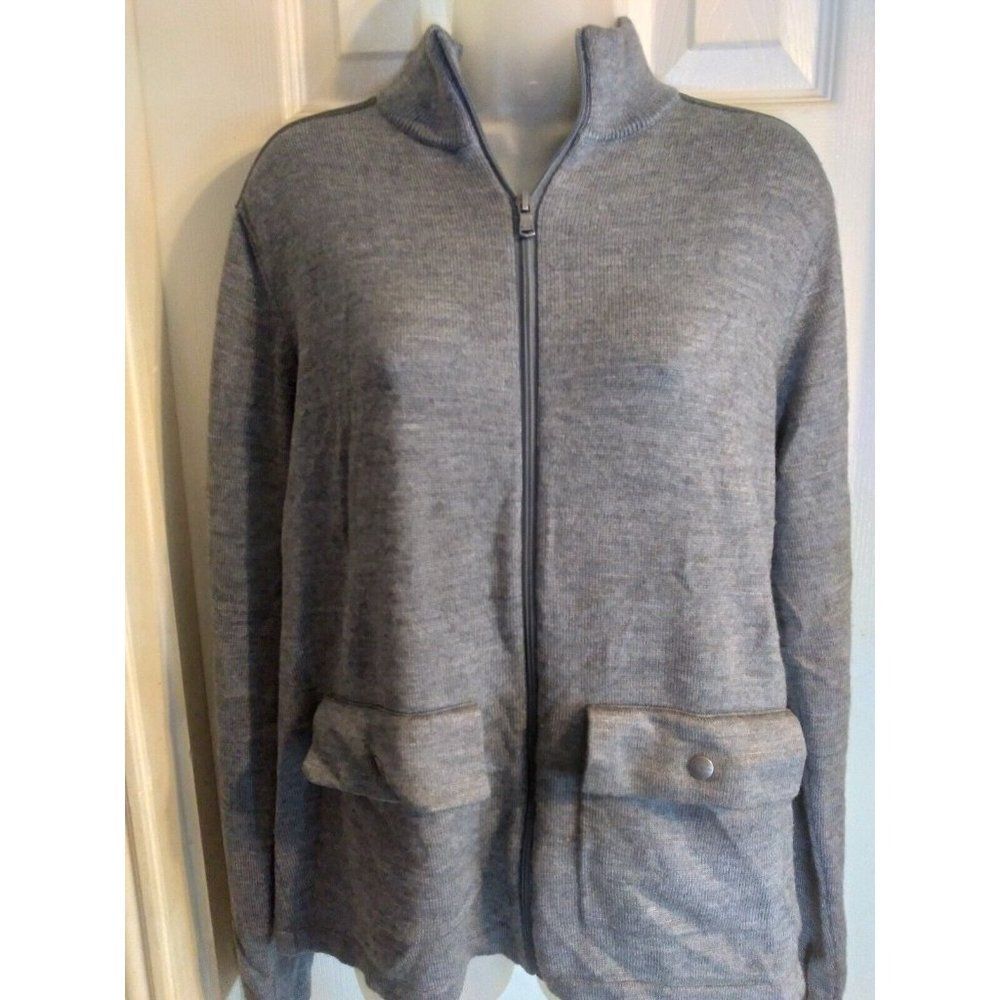 Michael Kors Full Zip Cardigan Gray Front Pockets Faux Leather Shoulders Sz M
